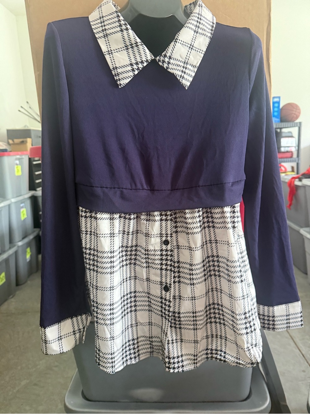 Navy and White Plaid Contrast Collared Women's Top p57